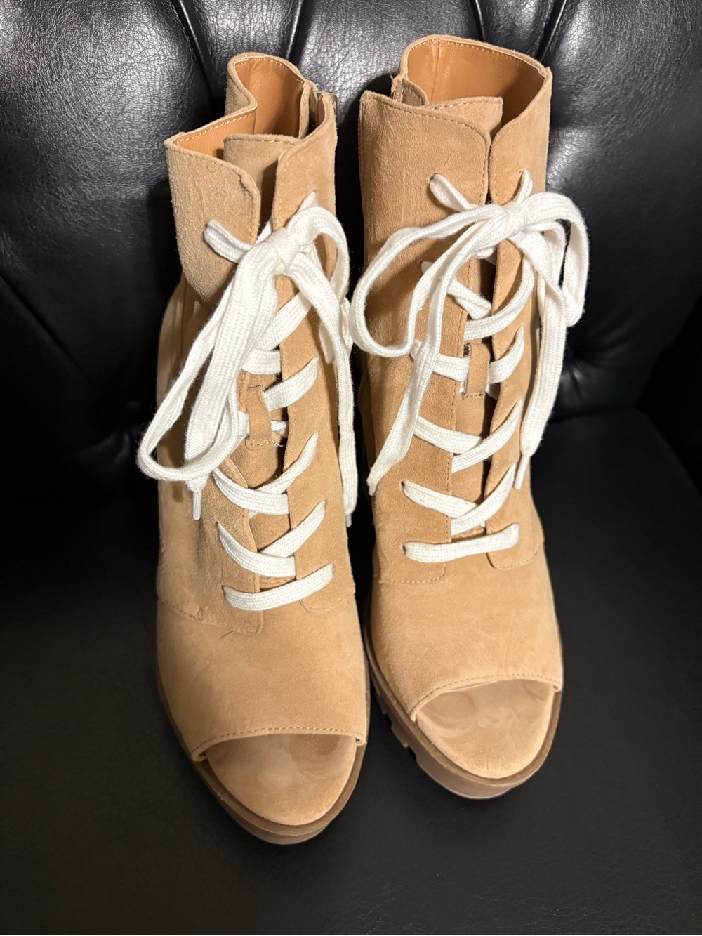 Jessica Simpson Tan Lace-Up Peep Toe Platform Booties